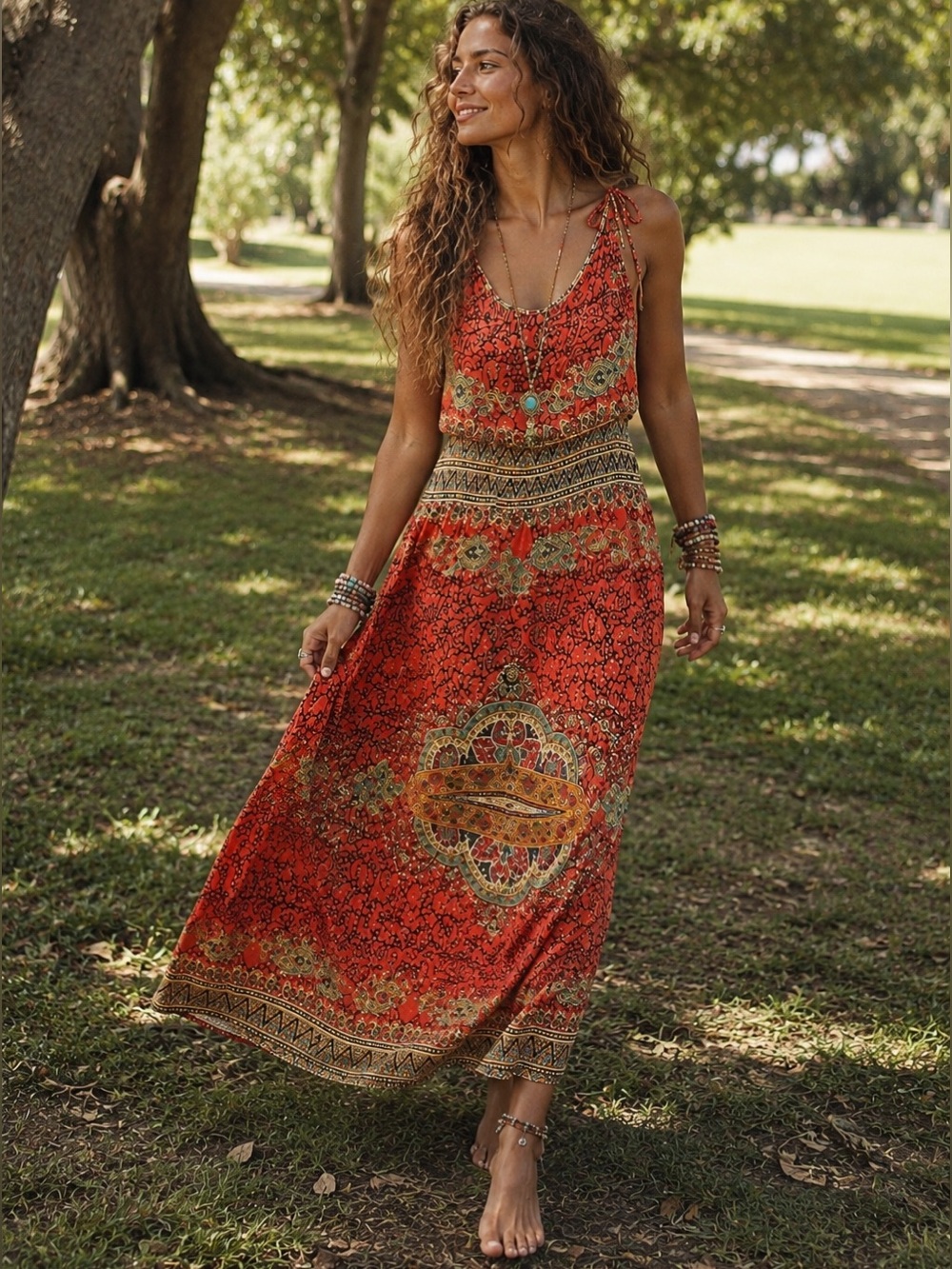 Bohemian Tie-Shoulder Maxi Dress in Rust Red